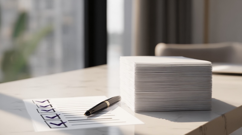 Stock style, hyper realistic, high quality photo, modern corporate workspace with signed documents neatly stacked on a clean desk, approval checklist with checkmarks, pen placed diagonally, soft natural daylight from window, neutral colors, minimalistic composition, symbol of acceptance and confirmation, full-frame camera, 50mm lens, ultra-sharp focus, clean professional atmosphere --chaos 20 --ar 16:9 --raw --stylize 50 --v 7 Job ID: 9fe56cb1-2c1c-4d9f-ab45-8d8ae907961d