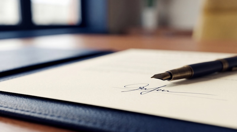 A close-up, high-angle photograph showing an elegant fountain pen positioned on a document bearing a signature.