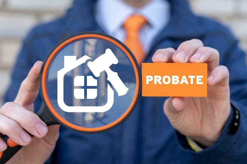 Magnifying glass over a house-and-gavel icon beside a card reading Probate
