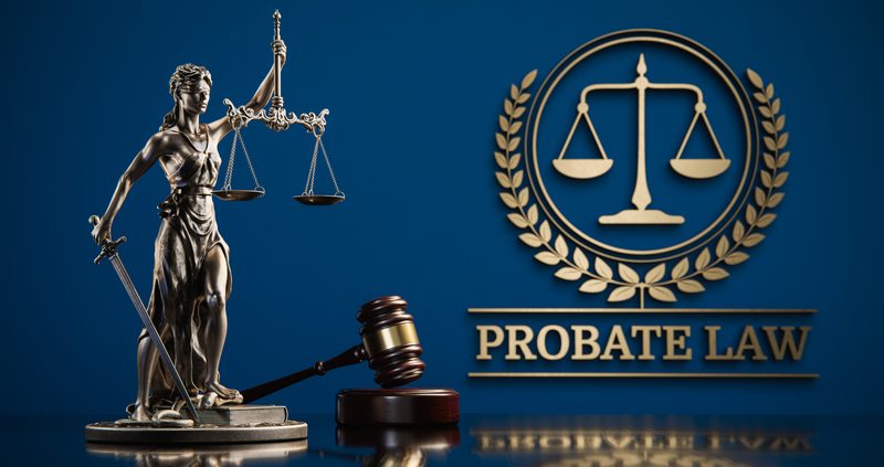Statue of Lady Justice and a gavel beside a Probate Law emblem
